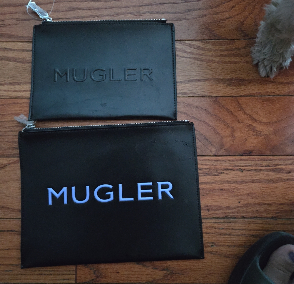 (2)Mugler Black Leather Toiletry Pouches with Embossed Logo